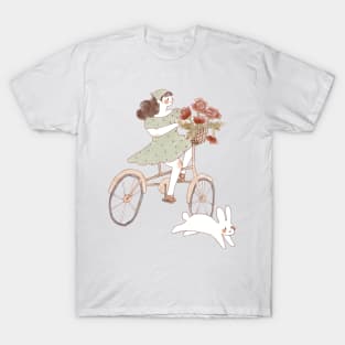 Cycling Girl with bunny and flowers T-Shirt